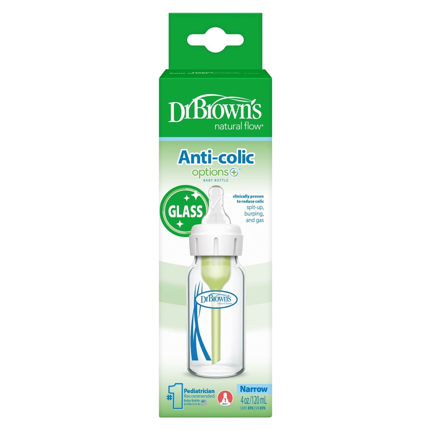 Dr. Brown's Natural Flow Anti-Colic Options+ Narrow Glass Baby Bottle, with Level 1 Slow Flow Nipple