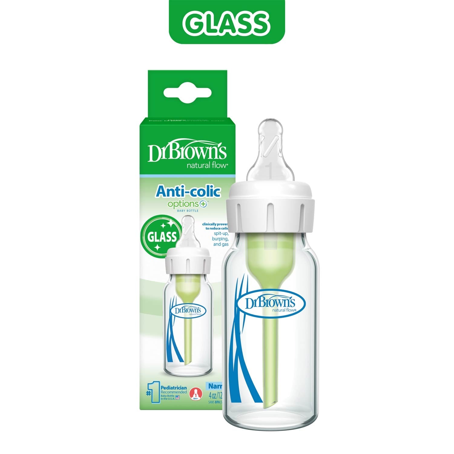 Dr. Brown's Natural Flow Anti-Colic Options+ Narrow Glass Baby Bottle, with Level 1 Slow Flow Nipple