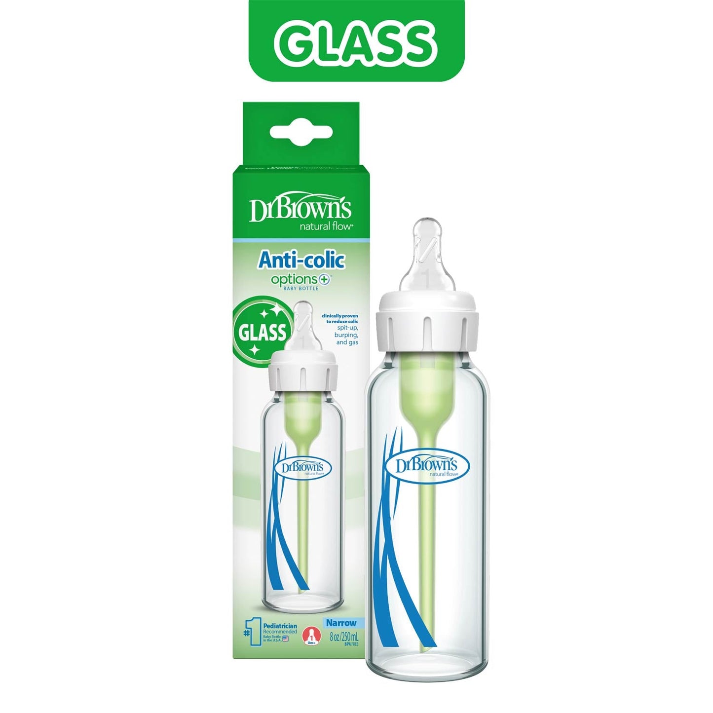 Dr. Brown's Natural Flow Anti-Colic Options+ Narrow Glass Baby Bottle, with Level 1 Slow Flow Nipple