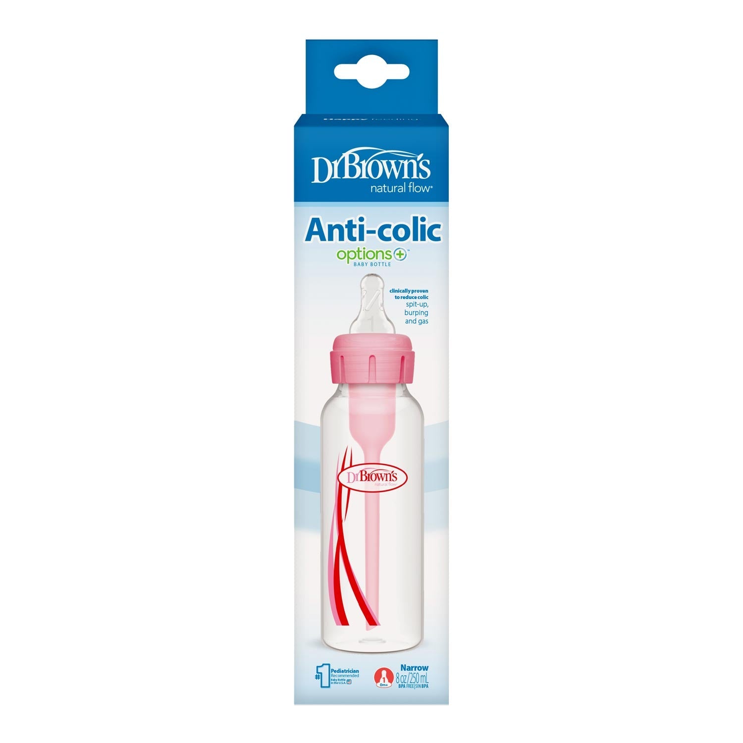 Dr. Brown's Natural Flow Anti-Colic Options+ Narrow Baby Bottle, with Level 1 Slow Flow Nipple