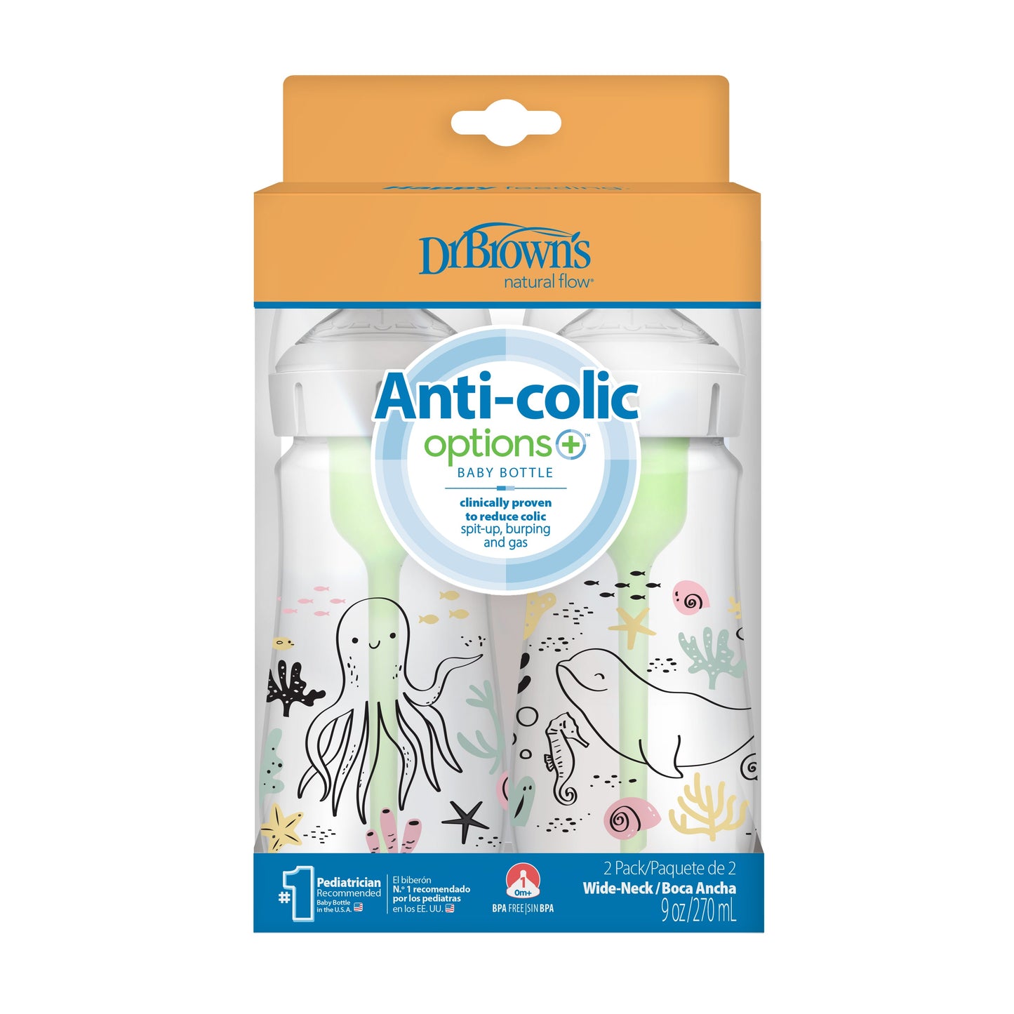 Dr. Brown’s Natural Flow Anti-Colic Options+ Wide-Neck Baby Bottle, 9oz/270mL, 2-Pack