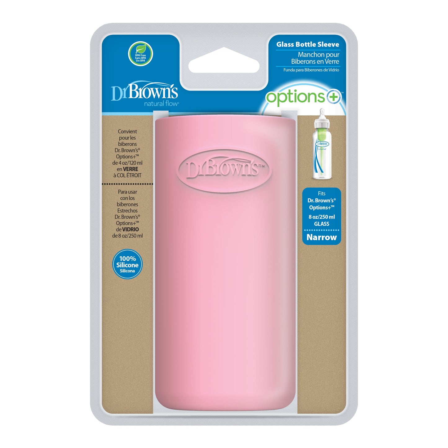 Dr. Brown’s Natural Flow® Options+™ Narrow Glass Bottle Silicone Sleeve, Pink, 8oz